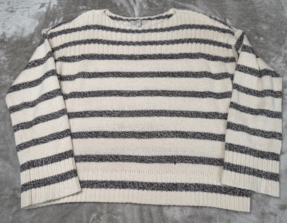 Loft Cream Brown Cotton Blend Boatneck Marled Stripe Sweater Womens Size XL